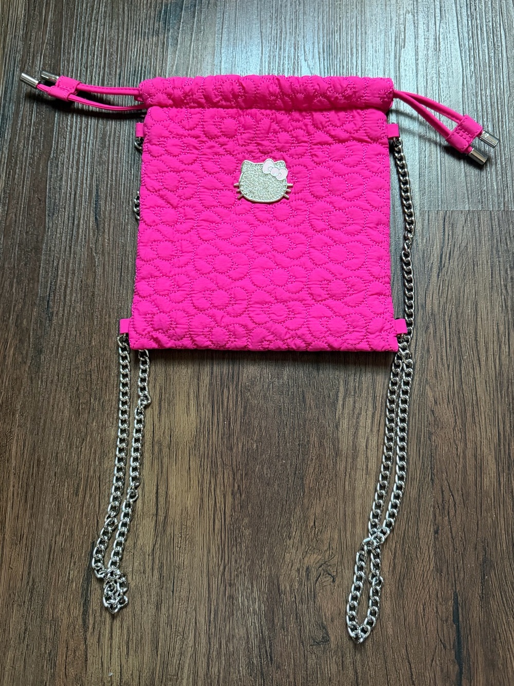 Forever 21 Hot Pink Hello Kitty Quilted Drawstring Crossbody with Silver Chain
